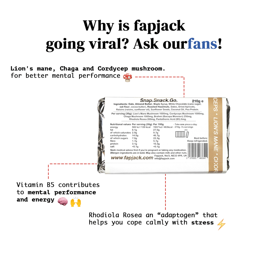 f•jacks Brainfood mushroom bar -information about Lions mane and mushrooms for energy and mental performance