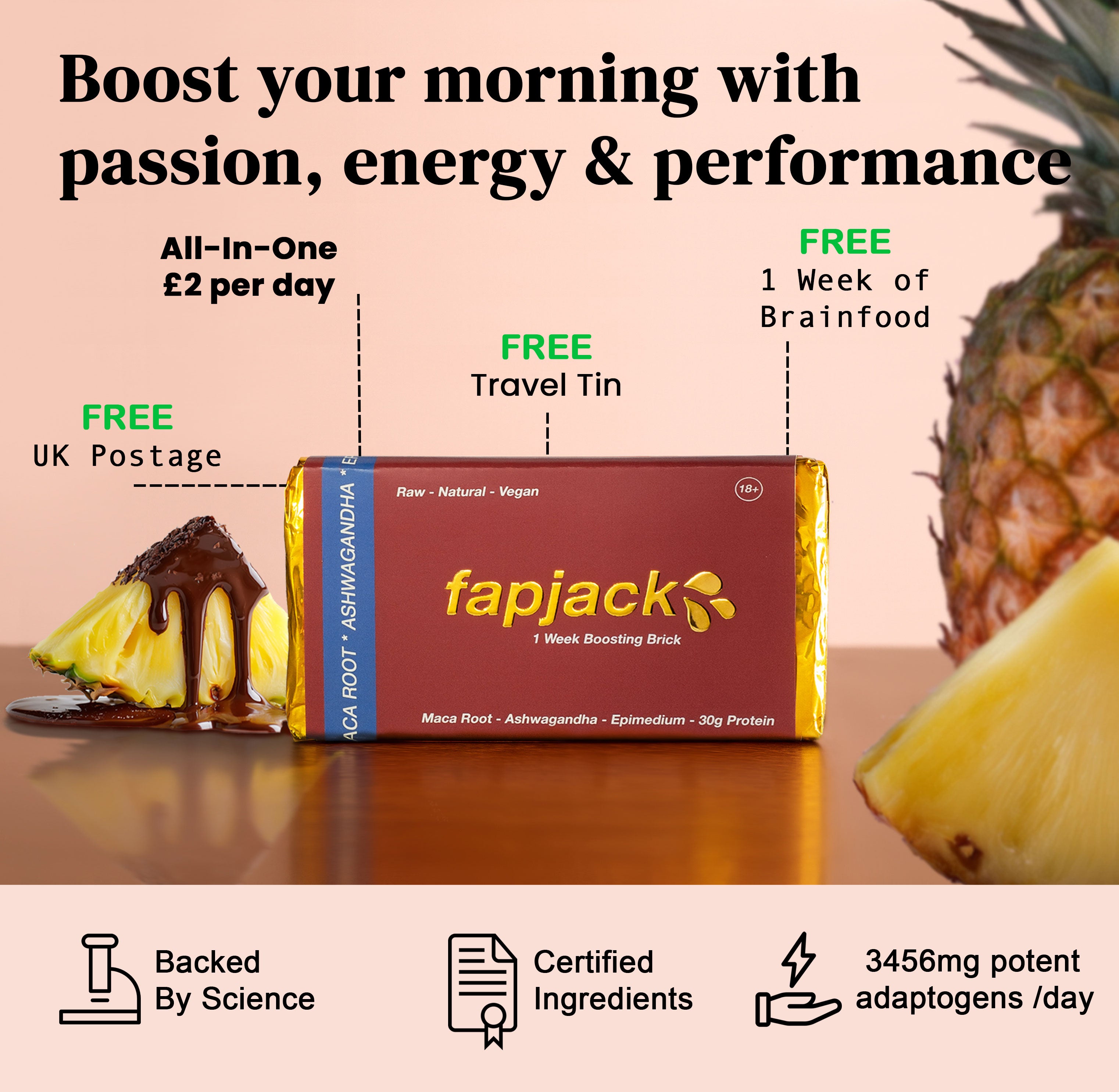 Maca root, Ashwagandha and pineapple in f•jacks Boosting Bar for natural energy and stamina