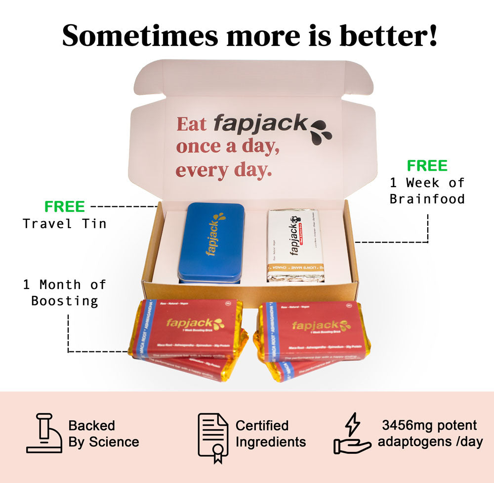 f•jacks Boosting Bar Starter Kit with vegan nootropic pre-workout bars, free Brainfood and free tin