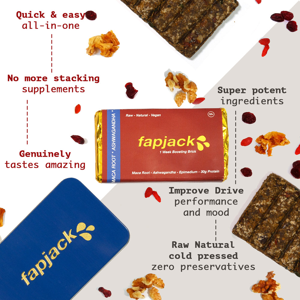 Close up of f•jacks Boosting performance bar for stamina and drive with adaptogens, goji berries, walnuts and natural ingredients